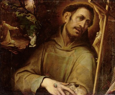 San Francisco adorando la Cruz con la Estigmatización de San Francisco al fondo de Camillo (after) Procaccini