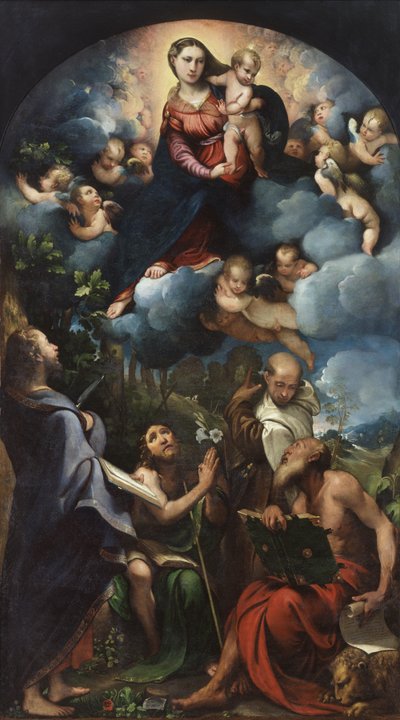 Madonna y Niño en Gloria con San Bartolomé, San Juan Bautista, San Alberto y San Jerónimo de Camillo Boccaccino