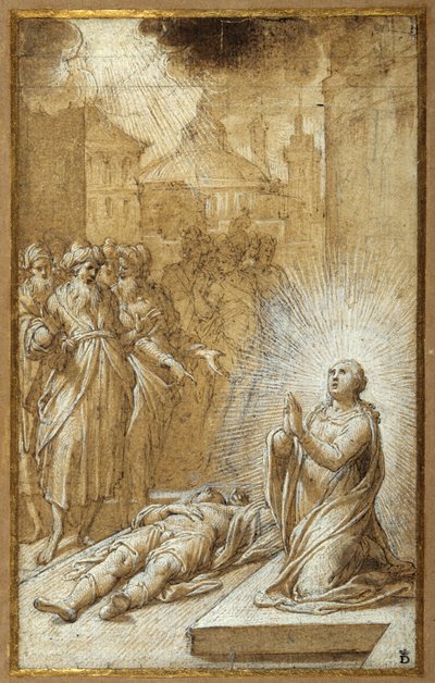 Santa mujer rezando junto al cuerpo de un hombre muerto (pluma fina y tinta marrón con lavado marrón y realce) de Camillo Procaccini
