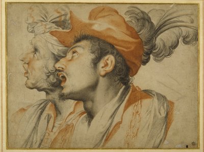 Grotesquería de dos hombres vestidos a la moda cantando (tizas negras y rojas sobre papel blanco) de Camillo Procaccini