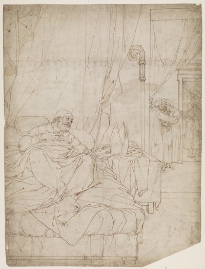 Papa acostado escuchando a hombres conversando en una habitación contigua de Camillo Procaccini