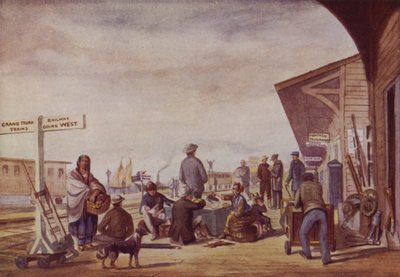 Inmigrantes en una estación de ferrocarril, Toronto (litografía en color) de Canadian School