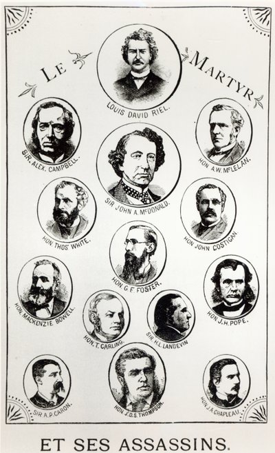 Louis Riel (1844-85) y sus asesinos, ilustración de Le Gibet de Regina, publicada en 1886 de Canadian School