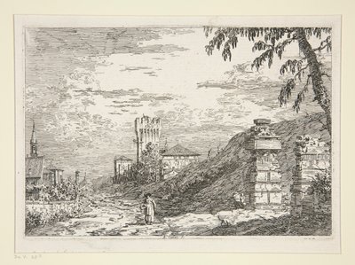 Paisaje con torre y dos pilares en ruinas, de la serie Vedute (Vistas) de Canaletto (Giovanni Antonio Canal)
