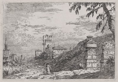 Paisaje con torre y dos pilares en ruinas, de la serie Vedute (Vistas) de Canaletto (Giovanni Antonio Canal)