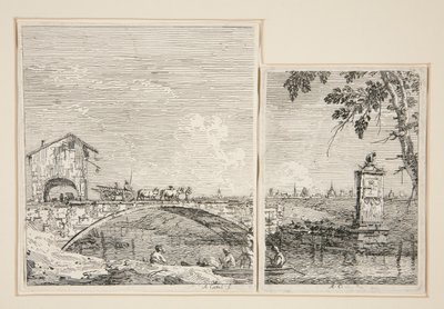 El vagón que pasa por un puente [y] El pequeño monumento (bajo un árbol), de la serie Vedute (Vistas) de Canaletto (Giovanni Antonio Canal)