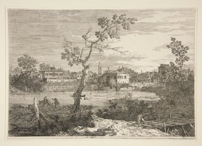 Vista de un pueblo a la orilla de un río, de la serie Vedute (Vistas) de Canaletto (Giovanni Antonio Canal)