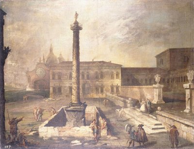 Un capricho de una plaza frente a un palacio con la columna de Marco Aurelio de Giovanni Antonio Canal