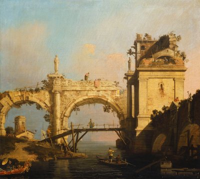 Un Capricho de una Arcada Renacentista en Ruinas y un Pabellón junto a un Canal cruzado por un Puente de Madera, un Oriental en un Barco Exóticamente Decorado en Primer Plano de Giovanni Antonio Canal