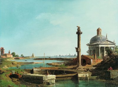 Un candado, una columna y una iglesia junto a una laguna de Giovanni Antonio Canal