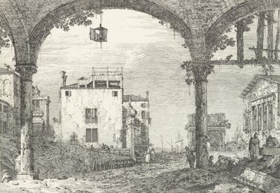Un pórtico de tres arcos con una linterna colgando en el centro, un arco triunfal y ruinas, 1735-46 de Canaletto