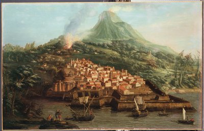 Una isla volcánica con un puerto y barcos de Giovanni Antonio Canal