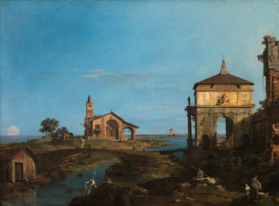 Una isla en la laguna con una puerta... de Canaletto