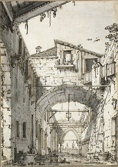 Capricho: Una calle cruzada por arcos (recto) Bocetos de puerta, escalera y segundo piso de edificio (verso) de Canaletto