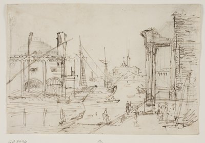 Capricho con ruinas clásicas en un muelle, un cobertizo para botes, dos galeras, dos mástiles de un barco de vela detrás de ellos, una iglesia con cúpula en el fondo de Canaletto