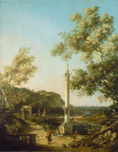 Paisaje inglés caprichoso con una columna de Canaletto