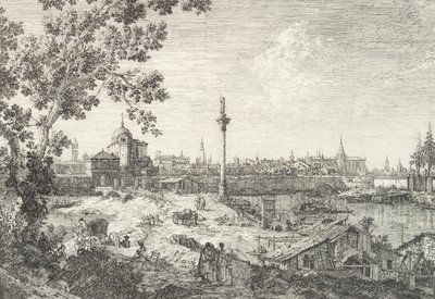 Vista Imaginaria de Padua, con un campanario y una iglesia con cúpula a la izquierda, una columna coronada, 1735-46 de Canaletto