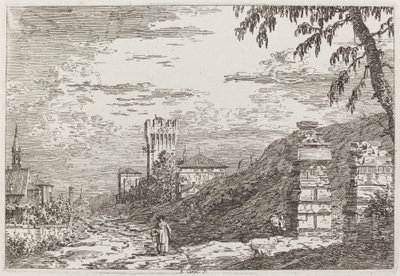 Paisaje con torre y dos pilares en ruinas [izquierda], c. 1735-1746 de Canaletto