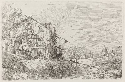 Paisaje con una Mujer en un Pozo [abajo a la izquierda], c. 1735-1746 de Canaletto