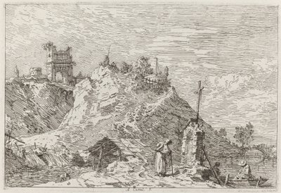 Paisaje con el peregrino en oración [arriba a la izquierda], c. 1735-1746 de Canaletto