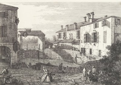 Las esclusas en Dolo, una cuenca ovalada con barcos en el centro, edificios a ambos lados, 1735-46 de Canaletto
