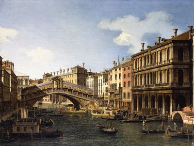 El puente de Rialto, Venecia, desde el sur con el embarque del príncipe de Sajonia durante su visita en 1740 de Giovanni Antonio Canal