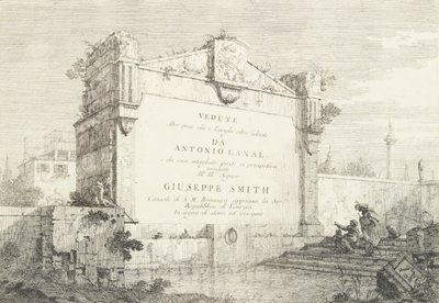 Página de título con una gran pared de una ruina clásica, con una figura sentada a la derecha señalando..., 1735-46 de Canaletto