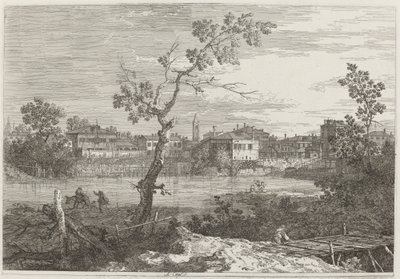 Vista de una ciudad en la orilla de un río, c. 1735-1746 de Canaletto