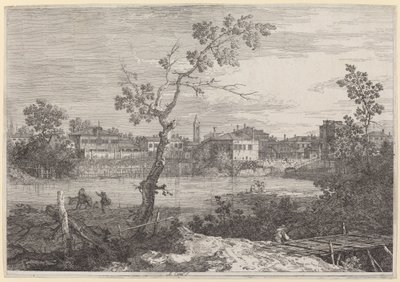 Vista de una ciudad en la orilla de un río, c. 1735-1746 de Canaletto