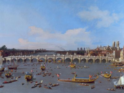 Puente de Westminster, con la procesión del alcalde en el Támesis de Giovanni Antonio Canal