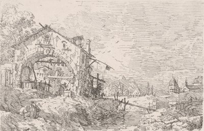 Mujer sacando agua de un pozo bajo un arco a la izquierda, con un paisaje a la derecha, 1717-68 de Canaletto