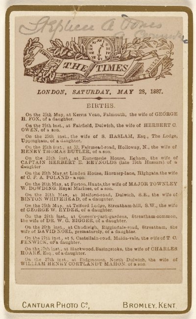 [Birth annoucement page from "The Times," London, Saturday, May 28, 1887] de Cantuar Photographic Company