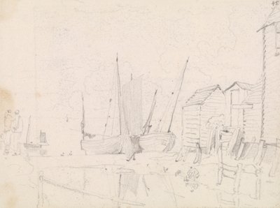Boceto de veleros varados y casitas de zancos, Hastings de Capt. Thomas Hastings