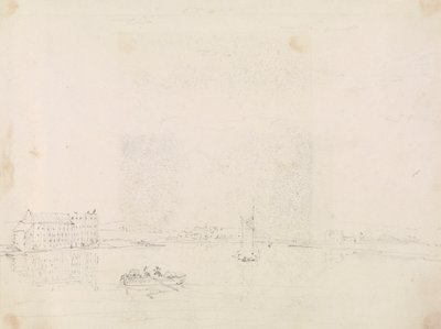 Boceto de barcos y un gran edificio, desde el otro lado del río Medina de Capt. Thomas Hastings