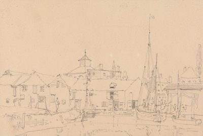 Boceto de veleros amarrados junto a un pueblo de Capt. Thomas Hastings