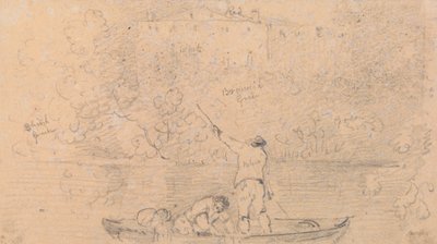 Boceto de dos hombres en una barca y una casa en la orilla de Capt. Thomas Hastings