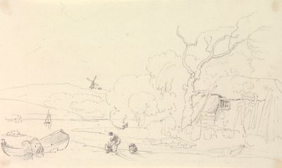 Boceto de una cabaña junto al río con un molino de viento a lo lejos de Capt. Thomas Hastings