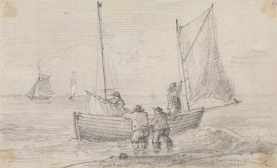 Boceto de un grupo preparando las velas cerca de la orilla, Hastings de Capt. Thomas Hastings