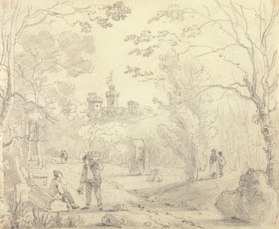 Boceto de una escena de parque con el castillo de East Cowes a lo lejos, Isla de Wight de Capt. Thomas Hastings
