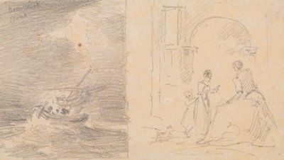 Boceto de un barco en una tormenta y boceto de una familia agrupada junto a un arco de Capt. Thomas Hastings