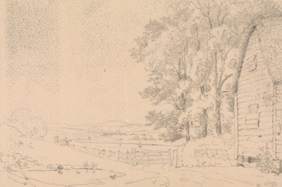 Boceto de un edificio con tejado de paja y un río más allá de Capt. Thomas Hastings