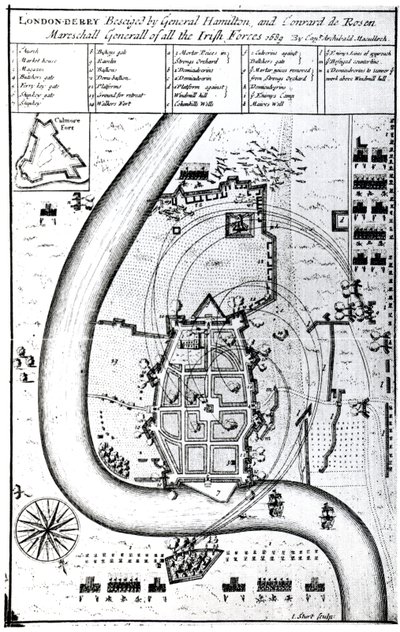 Londonderry sitiada por el General Hamilton y Conrad de Rosen, grabado por J. Sturt, 1689 de Captain Archibald Maculloch