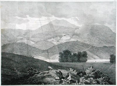 Vista de parte del lago y cabañas en Ottacamund, montañas de Neelgherry, lámina 3 de Vista de los Neilgherries, o Montañas Azules de Coimbetoor, India del Sur por el Capitán McCurdy, publicado en 1830 de Captain E. A. after McCurdy
