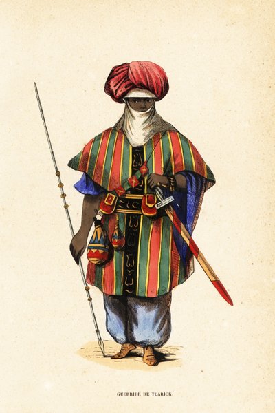 Guerrero tuareg noble de Agadez, Níger, con tagelmust (turbante y velo), taktkat (camisa) y akarbey (pantalones) de Captain George Francis (after) Lyon
