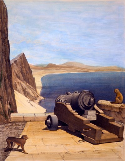 La Batería Mediterránea, Gibraltar, grabado por TC Dibdin, de Select Views of the Rock and Fortress of Gibraltar, publicado en 1846 de Captain J. M. Carter
