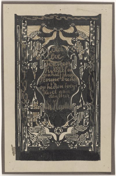 Diseño para un certificado que celebra doce años y medio de servicio leal en la Fábrica de Pegamento y Gelatina de Carel Adolph Lion Cachet