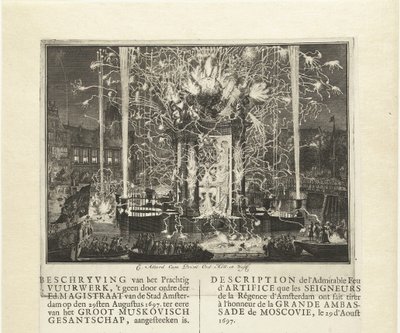 Fuegos artificiales celebrando la llegada de la embajada de Moscovia en Ámsterdam 1697, 1697 de Carel Allard
