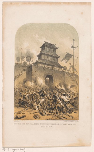 Tropas francesas y británicas asaltan el antiguo palacio de verano de Pekín Entrada de las tropas aliadas en Beijing a través de la puerta Tchâo-Yânt, 22 de octubre de 1860 (título sobre el objeto) de Carel Christiaan Antony Last