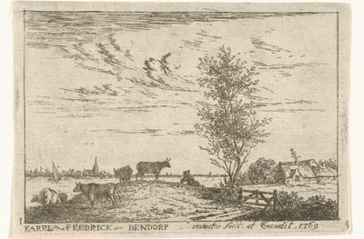 Impresión de título con paisaje de río con vacas. Paisajes (título de la serie) de Carel Frederik Bendorp (I)