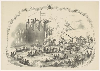 Caricatura que representa los planes de Thorbecke para abolir la Universidad de Ciencias Aplicadas de Utrecht, 1863 Una batalla entre dos elementos poderosos (título sobre objeto) de Carel Hendrik Thiebout